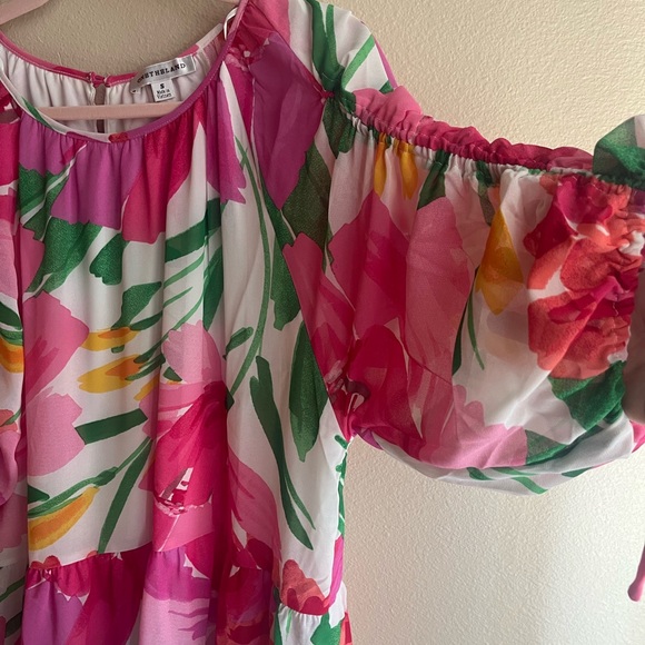 Bright Pink Floral Tiered Casual Dress with Green Accents - Women's - Picture 6 of 9